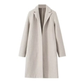 Détail du col tailleur et de la texture en laine sur le manteau long beige pour femme - S / Blanc Cassé
