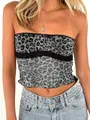 Detail of grey leopard print tube top with black lace trim and fitted mesh texture - S / Gray