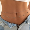 Double-layered silver body chain with turquoise beads and round metallic pendants - E26-6 Silver Double Layer Blue Bead Discs Waist Chain