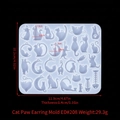 Silicone mold for cat paw earrings with varied feline shapes and measurement details - Cat Claw Earring Mold ED#208
