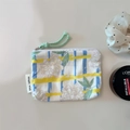 Detailed macro view of green floral cotton coin purse with zipper and simple wish tag - Yellow Blue Striped Flowers