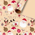 Christmas wrapping paper roll in beige featuring Santa Claus and reindeer illustrations - Christmas Sleigh Reindeer