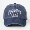 Detail of washed denim baseball cap featuring vintage white printed slogan lettering - Navy Blue