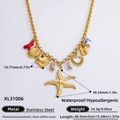 Collar de acero dorado tema marino con colgantes de estrella de mar y coral - Collar de Múltiples Colgantes de Elementos Marinos(XL31006)