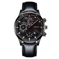 Mode-Quarzuhr für Herren mit schwarzem Lederarmband und schwarzem Zifferblatt mit Rot - Schwarzes Zifferblatt Schwarze Zeiger Schwarzes Gehäuse