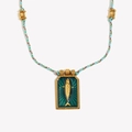 Collar tarot atún bañado en oro 18K con esmalte verde y cordón trenzado de varios colores - Estilo de cuerda tejida a mano color oro azul (N3710)