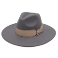 Dark grey wide brim fedora hat with khaki leather belt buckle for men and women - Dark Gray