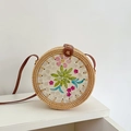 Handmade round rattan bag with colorful shell flower mosaic and leather strap - Green Leaves Small Flower