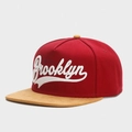 Brooklyn NYC flat brim hip hop cap in burgundy red and khaki cotton with white embroidery - Red/Khaki