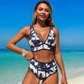 Blue coconut palm print bikini set with V-neck top and high waisted shorts - Dark Blue