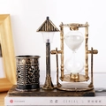 Vintage bronze lighthouse hourglass pen holder with desk lamp ornament decoration - Street Light Pen Holder Hourglass - Gold