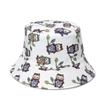 White bucket hat with colorful cartoon owl and leaf print in durable canvas fabric - White Owl Print (Style C)