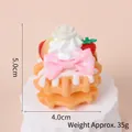 Pink waffle cake keychain with cream, strawberry and bow decoration, 5.0cm height - Gold Bead Chain / 031 Yellow Waffle Cake