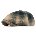 Gorra de vendedor de periódicos retro con patrón de espiga azul y marrón en mezcla lana - Caqui Octogonal