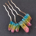 Detail of handmade gold hair comb with colorful natural crystal stones on black surface - Tricolor Crystal + Gold Comb