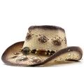 Cappello da cowboy in paglia traforata con cinturino di perline e gemma stile vintage - Beige Caffè