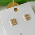 Elegant rectangle pearl earrings with gold base and white micro-pave faux pearls - Gold Rectangular Pavé Pearl Stud