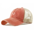 Washed cotton baseball cap with smiley face embroidery and breathable mesh back - One Size / Brick Red
