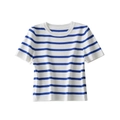 Slim fit women's blue and white striped short sleeve knit sweater with crew neck - Blue Stripe
