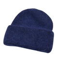 Close-up of deep blue winter knit beanie showing the soft mohair wool texture and thick cuff - One Size / Dark Blue