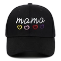 Black cotton baseball cap with white embroidered mama text and four colorful hearts - Adjustable / Black
