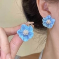Boucles d'oreilles fleurs géométriques en C vintage avec pétales bleus et perles - 17# Boucles d'oreilles clous fleur en perle avec strass et tige en argent