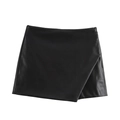 Women's black PU leather mini skort with asymmetric slit and minimalist A-line silhouette - XS / Black