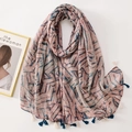 Beige cotton linen scarf with red blue geometric grid pattern and tassel edges - C1122 Vintage Geometric Grid