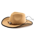 Western cowboy hat with bull head ornament and shell edge stitching for outdoor riding - M(56-58cm) / Camel/Black Edge