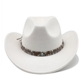 Detail of white fedora cowboy hat with woven band and blue evil eye charm embellishment - M (56-59cm) / Beige Faux Suede