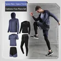 Men's 5-piece athletic compression gym set in space blue and black quick-dry fabric - S / Top And Bottom / Dark Blue
