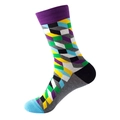 Mid-calf crew sock featuring a colorful 3D geometric cube pattern and purple ribbed cuff - No. 182 Purple Blue Geometric