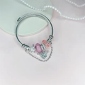 Silbernes Perlenarmband mit rosa Glasperlen, Herzanhänger und Kronen-Anhänger - Rosa