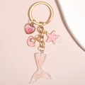 Mermaid tail keychain with pink glitter heart and shell pendants on gold metal ring - Pink Glitter Heart Shell Mermaid Tail Style (E4909)
