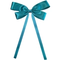 Elegant turquoise silk satin oversized bow hair clip with long tails on white background - Dark Green
