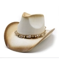 Classic straw western cowboy hat with gradient brim and bohemian shell beaded band - Cream Coffee Gradient
