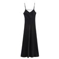 Close-up of black satin slip dress showing V-neckline detail and silky fabric texture - XS / Black