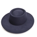 Detailed top view of a dark blue wool felt boater hat with a wide brim and flat crown - 57cm / Navy Blue