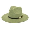 Detail of light olive wide brim straw hat featuring black ribbon and gold buckle - M (56-58cm) / Army Green