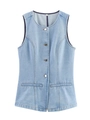 Detailed macro view of light blue denim vest showing metal buttons and seam stitching - S / Light Blue