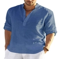 Close-up of men's blue cotton linen shirt with mandarin collar and rolled sleeves - S / Blue