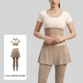 Ensemble de yoga deux pièces avec haut blanc ivoire et jupe-legging sport bicolore kaki - S / Haut Et Bas / Blanc Ivoire + Kaki