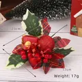 Christmas pick with red glitter ball, holly leaves, and plaid decor, 23x17cm, Weight: 17g - Style 5