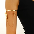 Gold upper arm cuff bracelet with heart pendants and delicate hanging chains - Heart Chain Style (11396)