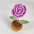 Handmade crochet potted purple rose flower ornament with green leaves and brown pot - Fuchsia Rose Potted Plant Finished