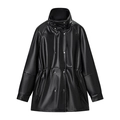 Women's black faux leather drawstring waist jacket with double-breasted stand collar - S / Black