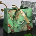 Elegant emerald green gift bag with marble pattern, gold ribbon, and twisted rope handles - Green With Gold Accents (paired With Gold And Green); Small Size 18*16*10cm