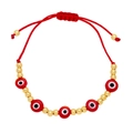 Bohemian evil eye bracelet with red adjustable rope and five protective red eye beads - Red