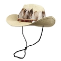 Beige straw western cowboy hat with ethnic feather trim and adjustable chin strap - M (56-58cm) / Beige