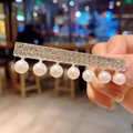 Silver hair clip with sparkling rhinestones and seven dangling white pearls for women - Gold Pearl Frame